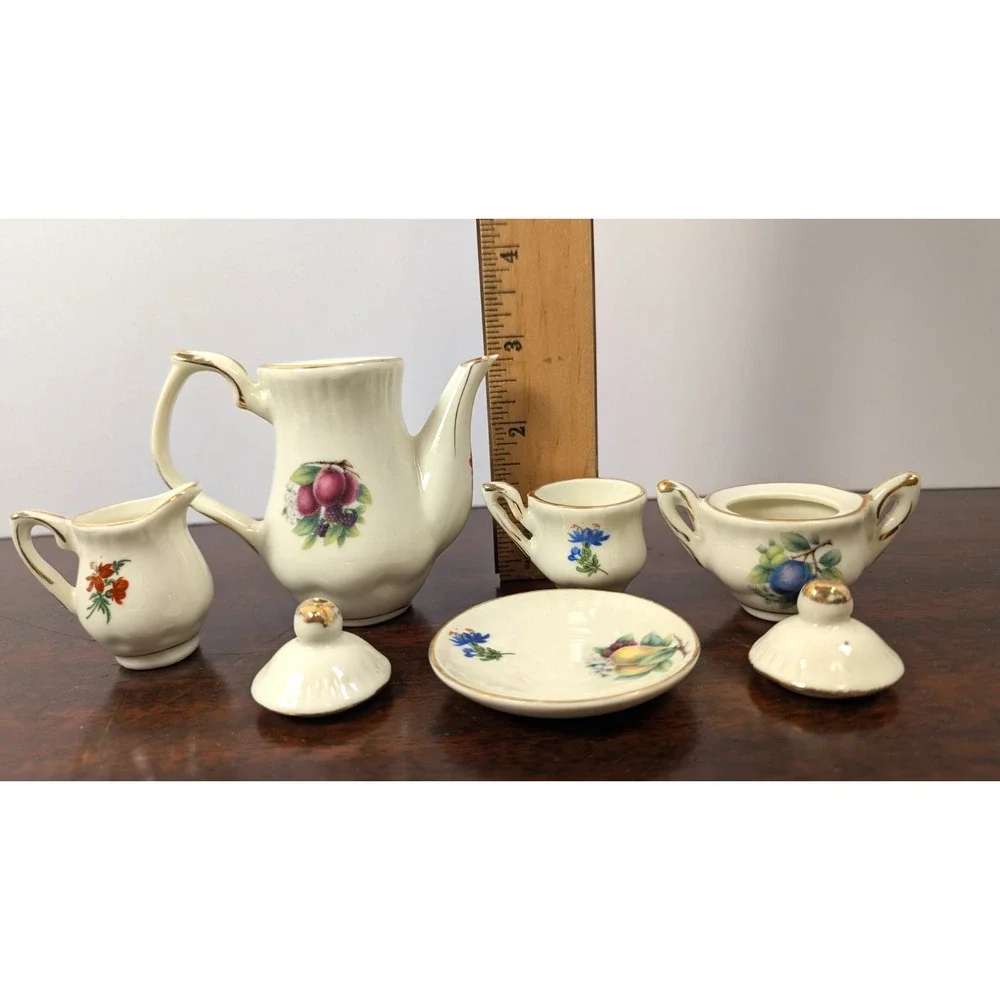 Miniature Porcelain Tea Set Fruit Floral Gold Trim 8pc Tray Teapot Creamer Sugar